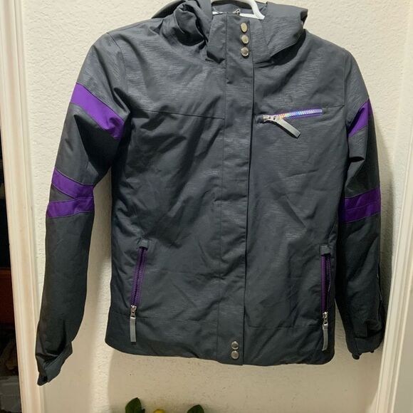 SPYDER BOYS INSULATED HOODED WINTER SKI JACKET SIZE 20 GRAY/ PURPLE - Picture 1 of 8